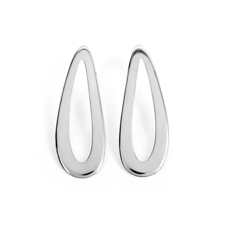 A pair of silver-colored curved drop hoop earrings on a white background