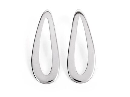 A pair of silver-colored curved drop hoop earrings on a white background