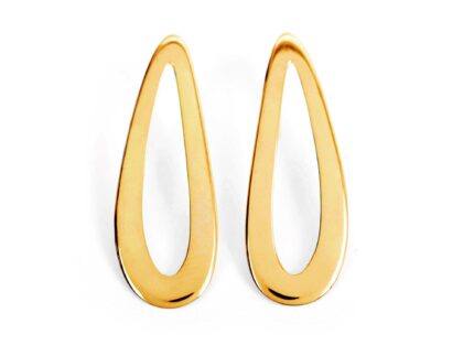 Gold swoop drop earrings on a white background