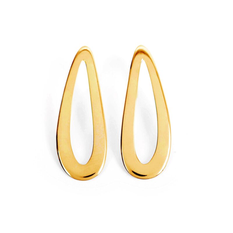 Gold swoop drop earrings on a white background