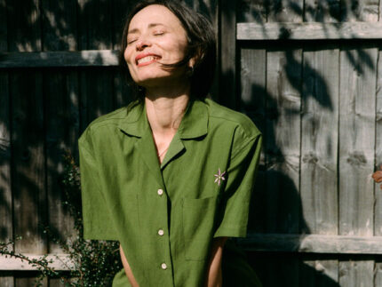 Frances olive green Cuban shirt with relaxed short sleeve fit, sustainable surplus fabric made in London by Saywood