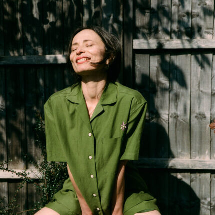 Frances olive green Cuban shirt with relaxed short sleeve fit, sustainable surplus fabric made in London by Saywood
