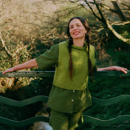 Styling inspiration: Bessie olive green tailored shorts with A-line silhouette, made in London by Saywood
