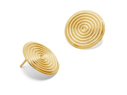 Pair of gold spiral earrings on a white background
