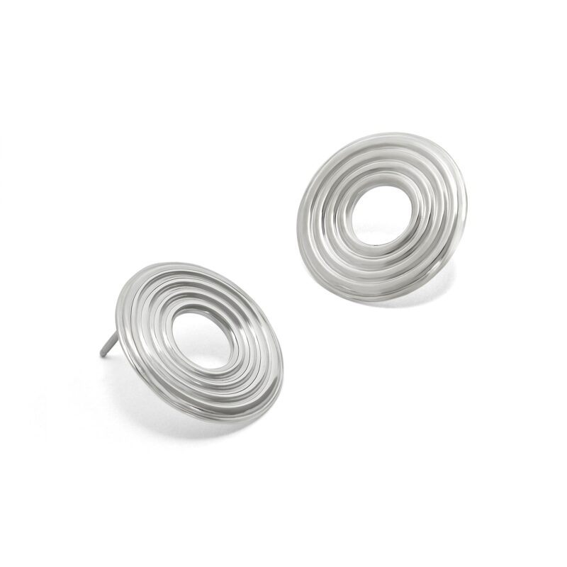 Pair of silver spiral earrings on a white background