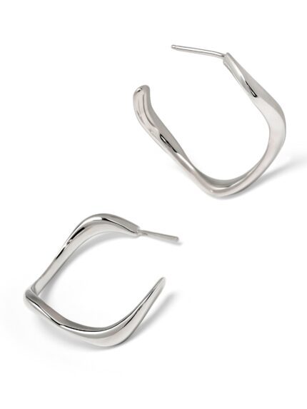 Pair of silver hoop earrings on a white background