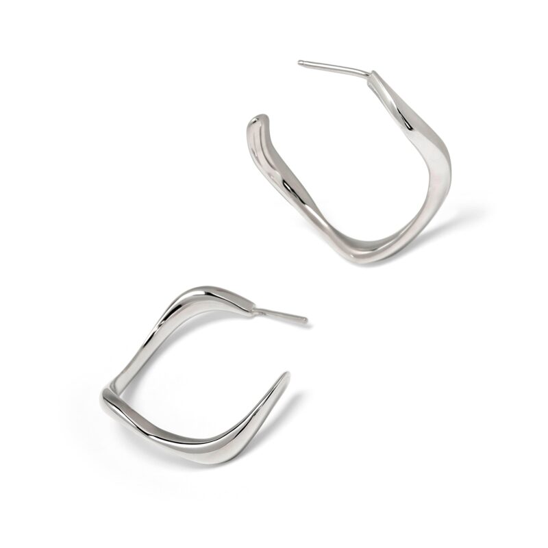 Pair of silver hoop earrings on a white background