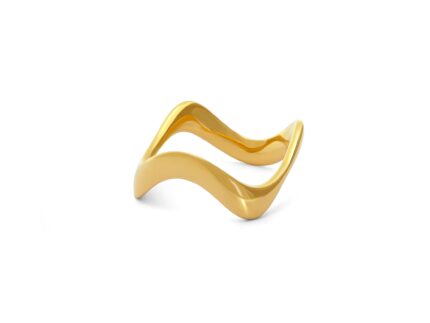 Gold ring with wavy design on a white background