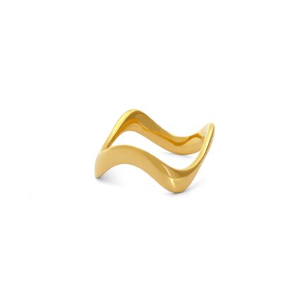 Gold ring with wavy design on a white background