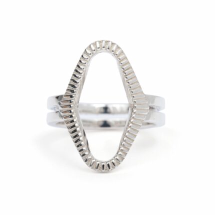 A bold, silver-colored geometric ring with a curving opening design resembling a snake's mouth.