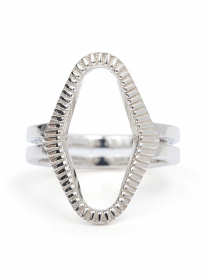 A bold, silver-colored geometric ring with a curving opening design resembling a snake's mouth.