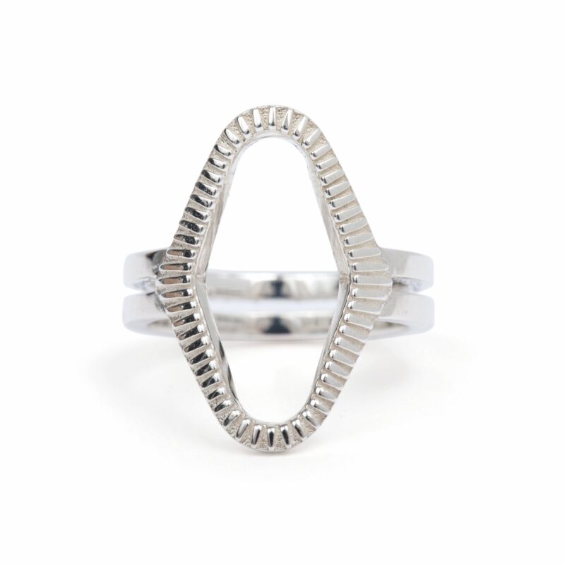 A bold, silver-colored geometric ring with a curving opening design resembling a snake's mouth.