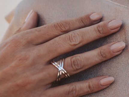 Close up of a hand wearing a geometric statement ring with a double X design.