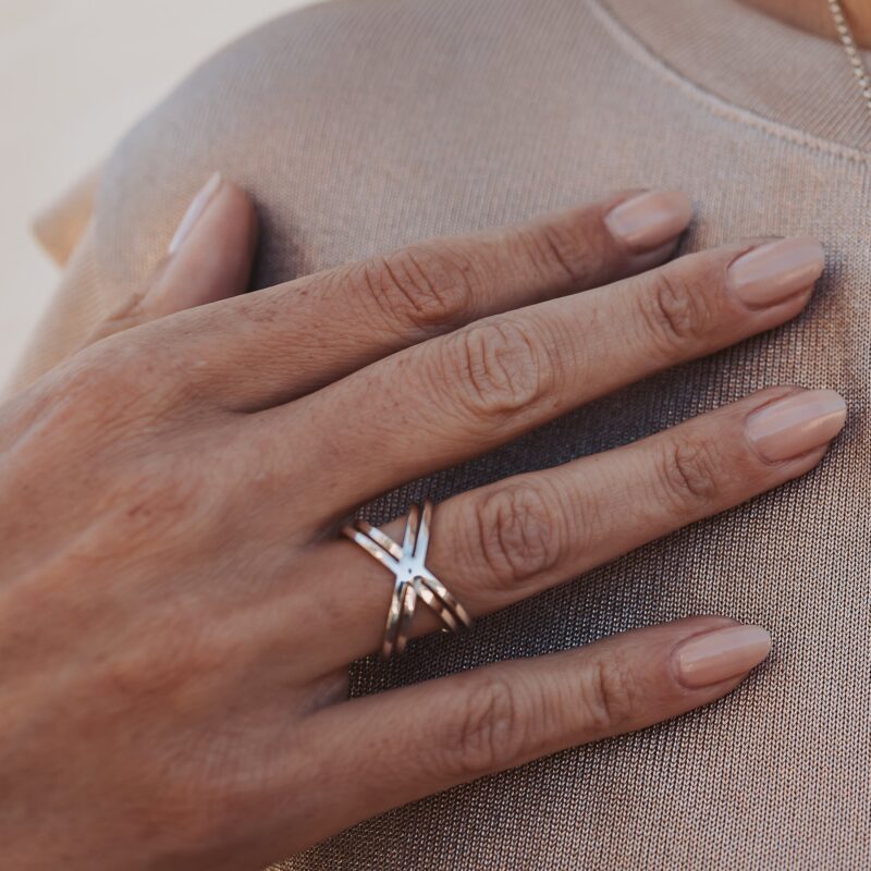 Close up of a hand wearing a geometric statement ring with a double X design.