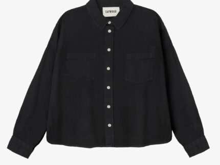 Women's black Japanese denim boxy shirt, Lela Shirt with patch pockets and natural corozo buttons by Saywood, handcrafted in Britain