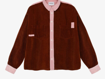 Lela boxy shirt in caramel organic cotton corduroy with pink colourblock details, made in the UK by Saywood