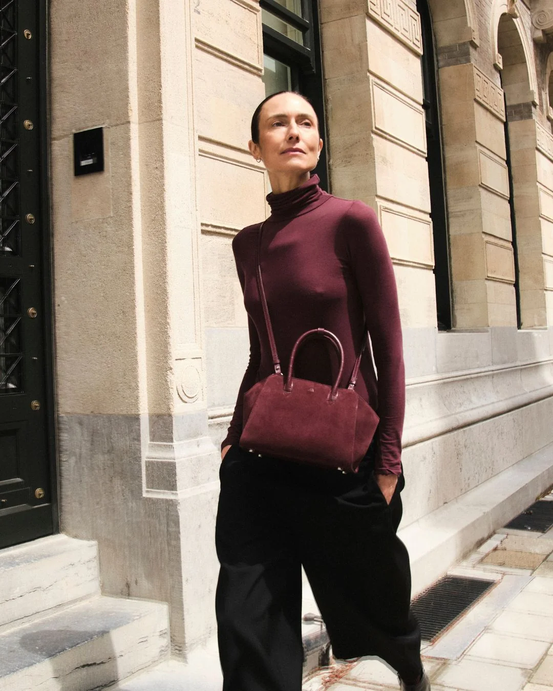 Mini_Voyager_Burgundy_Suede_Lifestyle KAAI Mini Voyager Burgundy Leather Cross Body Bag