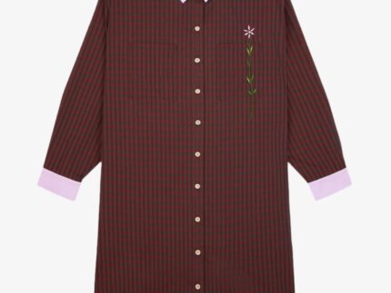 Etta red check shirtdress in deadstock cotton with lilac contrast collar, cuffs and embroidered flower detail by Saywood