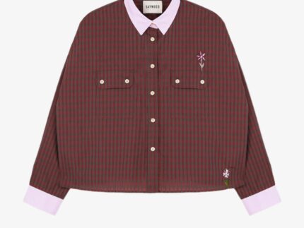 Women's red check utility shirt with boxy silhouette, Jules Shirt by Saywood with floral embroidery and lilac collar, handcrafted in London