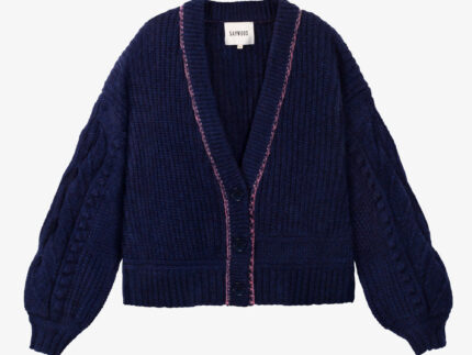 Frida chunky knit cardigan in midnight navy with soft pink contrast stitching, 100% Scottish-spun lambswool, made in the UK
