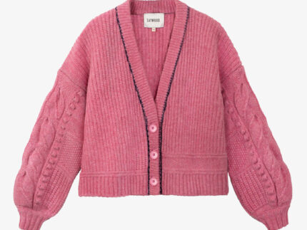 Frida chunky knit cardigan in soft pink with navy contrast stitching, 100% Scottish-spun lambswool, handcrafted in the UK