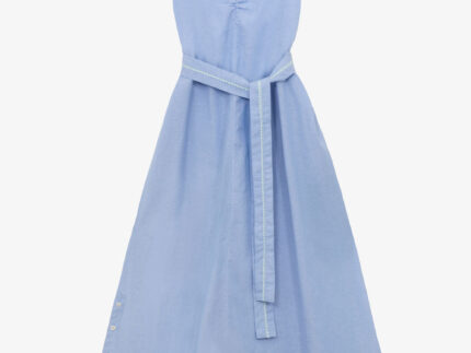 Pale blue recycled cotton Maya Cami Dress with lace-trimmed straps, gathered bust and detachable tie belt, by Saywood. Made in London.