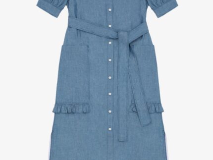 Rosa Puff Sleeve Shirtdress in light wash Japanese denim with ruffle pockets and belt
