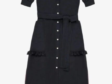 Rosa puff sleeve shirtdress in black Japanese denim with detachable belt, ruffle pockets and side splits, made in London by Saywood