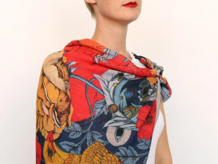Pig Chicken Cow Scarf Two Foxes Navy Cashmere Silk Scarf