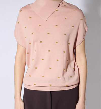 Liviana Conti Pink Asymmetric Collar Short Sleeve Jumper w Gold Embroidery