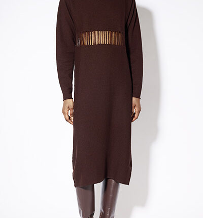 Liviana Conti Chocolate Brown Open Fringe Knit Dress