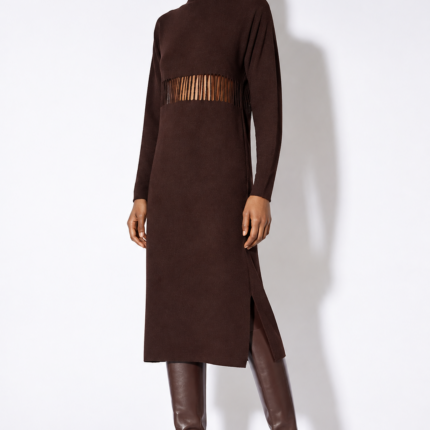 Liviana Conti Chocolate Brown Open Fringe Knit Dress