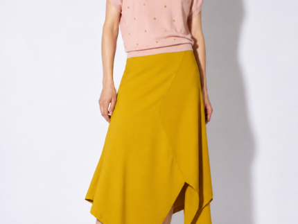 Liviana Conti Saffron Asymmetric Skirt & Pink Short Sleeve Jumper