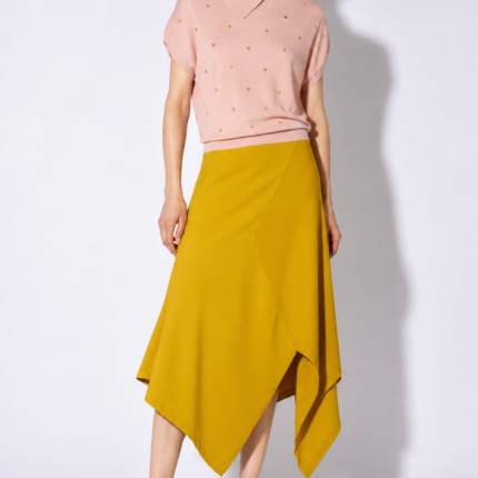 Liviana Conti Saffron Asymmetric Skirt & Pink Short Sleeve Jumper