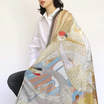 Pig Chicken Cow Cashmere Silk Scarf Cranes Day