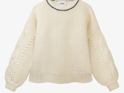 Adams fisherman's rib sweater in soft cream with textured balloon sleeves, Scottish lambswool, handcrafted in the UK