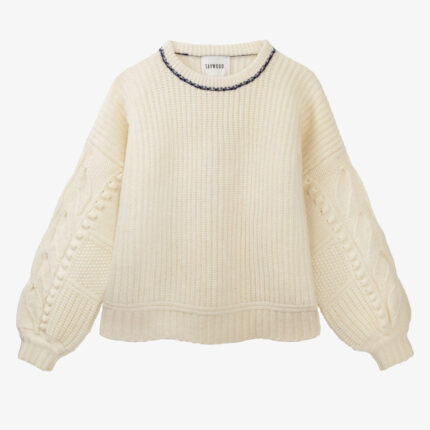 Adams fisherman's rib sweater in soft cream with textured balloon sleeves, Scottish lambswool, handcrafted in the UK