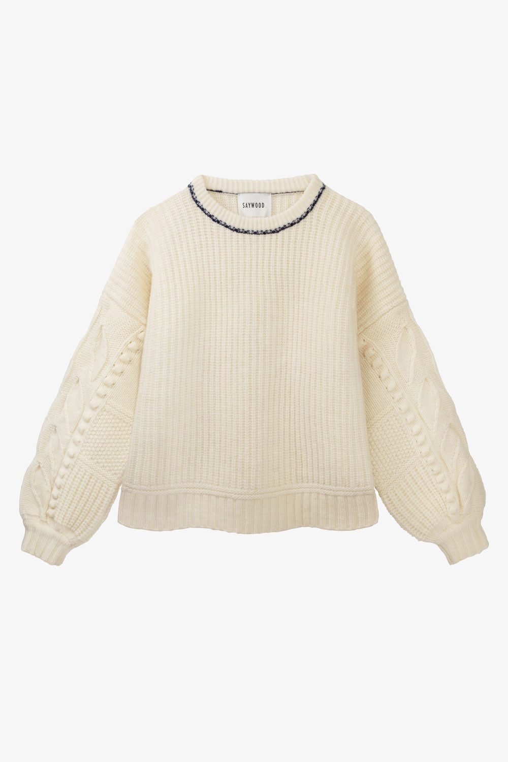 Adams fisherman's rib sweater in soft cream with textured balloon sleeves, Scottish lambswool, handcrafted in the UK