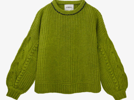 Adams fisherman's rib sweater in dewy moss green with textured balloon sleeves, Scottish lambswool, handcrafted in the UK