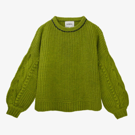 Adams fisherman's rib sweater in dewy moss green with textured balloon sleeves, Scottish lambswool, handcrafted in the UK