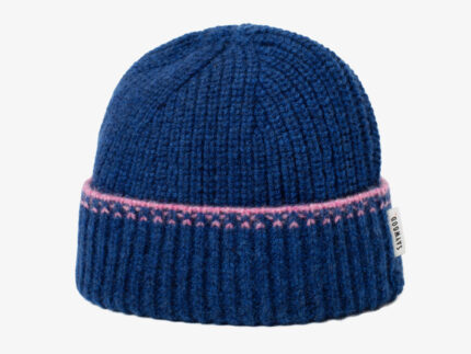Atlantis blue lambswool and cashmere beanie hat with pink crochet trim detail, made in UK