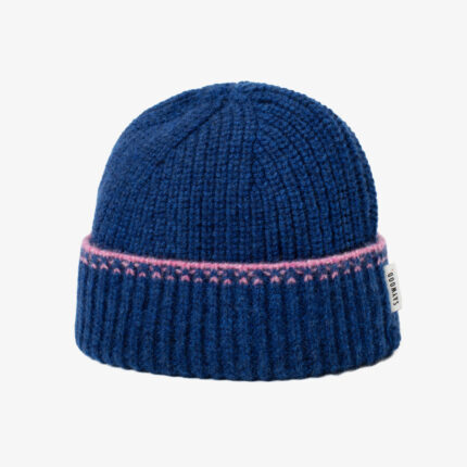 Atlantis blue lambswool and cashmere beanie hat with pink crochet trim detail, made in UK