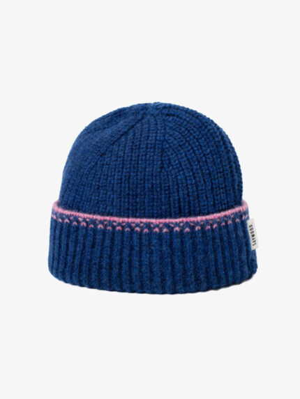 Atlantis blue lambswool and cashmere beanie hat with pink crochet trim detail, made in UK