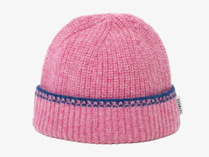 Pink Lambswool Cashmere Beanie Hat with blue crochet trim by Saywood, made in Britain