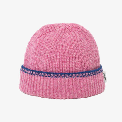 Pink Lambswool Cashmere Beanie Hat with blue crochet trim by Saywood, made in Britain