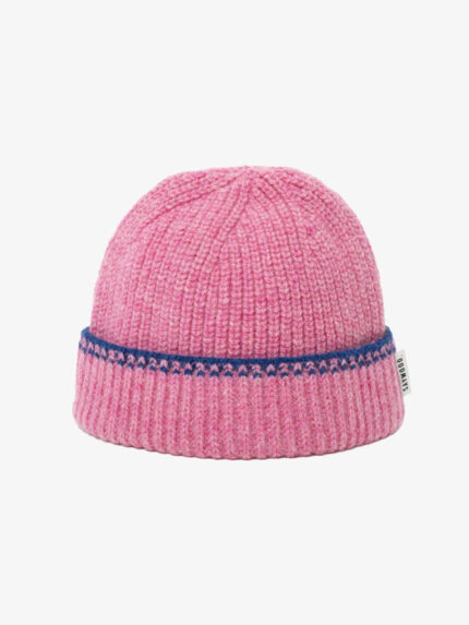 Pink Lambswool Cashmere Beanie Hat with blue crochet trim by Saywood, made in Britain