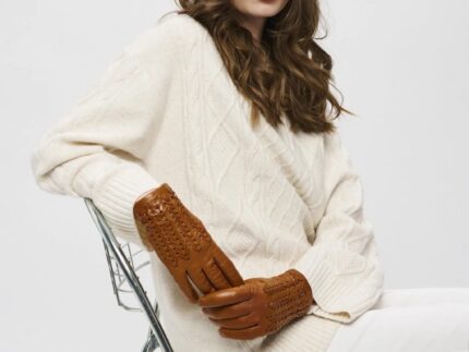 Karma Gloves Betty Tan Woven Leather Gloves Lined in Cashmere