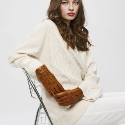 Karma Gloves Betty Tan Woven Leather Gloves Lined in Cashmere