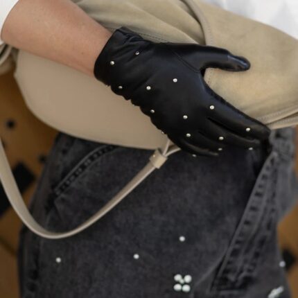 Karma Gloves Lara Black Leather Studded Gloves Lined in Cashmere