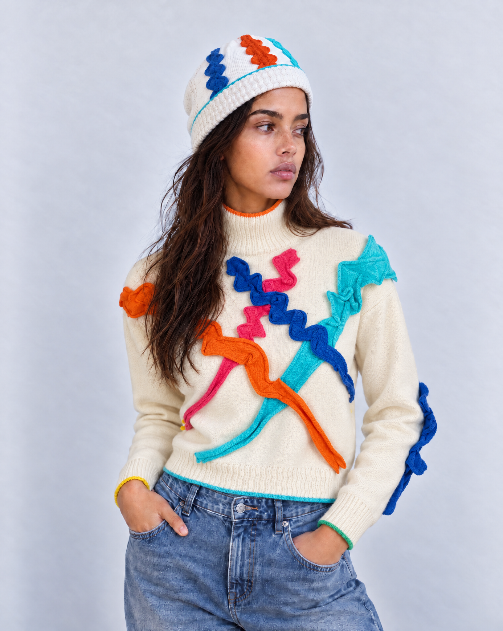 Tallis Jumper and beanie on model